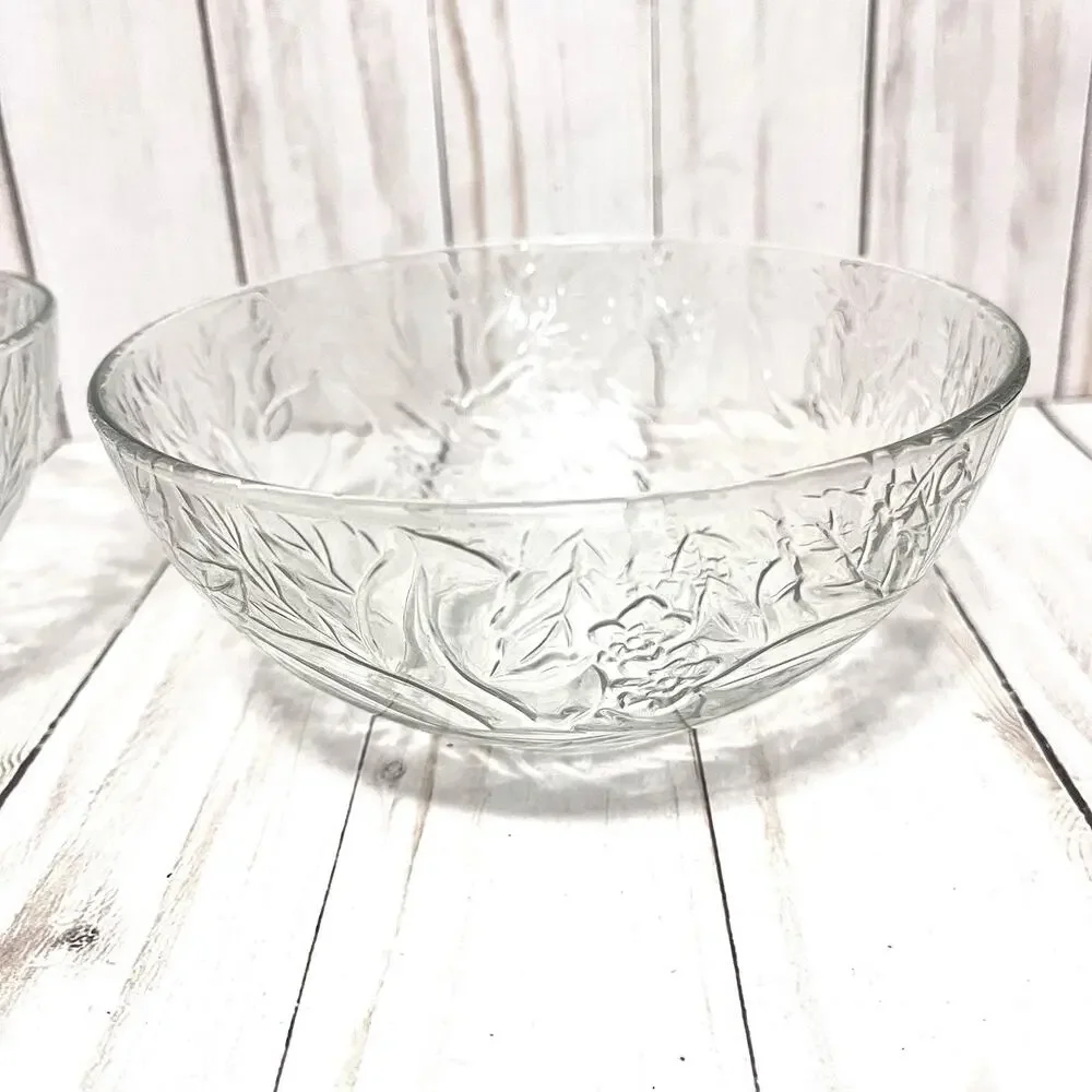 Vintage KIG Indonesia Clear Floral Glass Round Serving Bowl Set of 2 NEW!!!